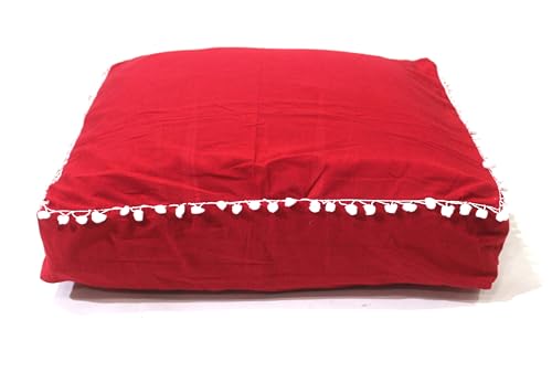 Mandala Barmeri Large Floor Pillow Cover Cushion Meditation Seating Ottoman Throw Cover Hippie Decorative Zipped Bohemian Pouf Ottoman Poufs, Pom Pom Pillow Cases (Red, 24" square) - color: Red, size: 24"D x 5"W x 24"H