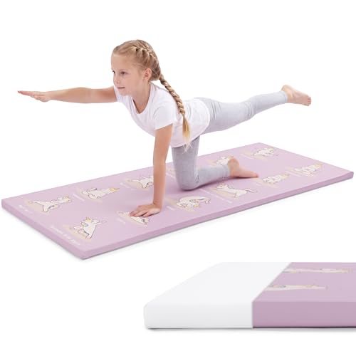 MABOZOO 1 Inch Thick Kids Yoga Mat with 12 Printed Poses - Non-Slip PU Leather Exercise Mat for Children - Safe Material Workout Mat for Home, School (60" x 24", Pink)