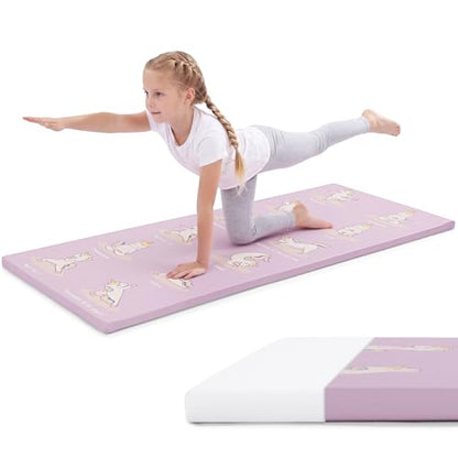 MABOZOO 1 Inch Thick Kids Yoga Mat with 12 Printed Poses - Non-Slip PU Leather Exercise Mat for Children - Safe Material Workout Mat for Home, School (60" x 24", Pink)