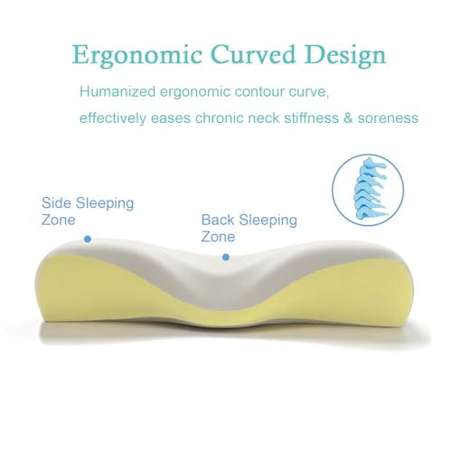 Memory Foam Cervical Pillow, Side and Back Sleeper Pillow for Neck Pain Relief, Orthopedic Cervical Contour Shape Soft Ergonomic Cervical Neck Pillow with Cooling Ice Silk Breathable Design