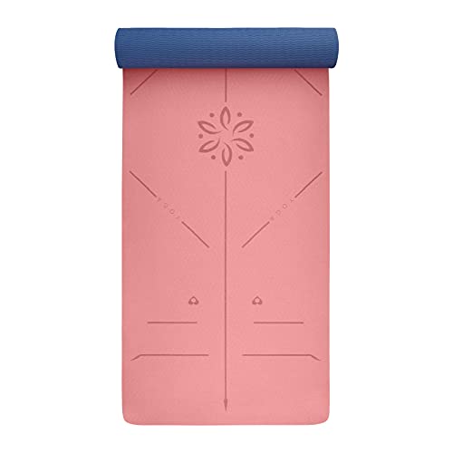 YOGATI® 정렬 라인이 있는 스트랩이 달린 요가 매트. 여성, 남성 및 아동용 홈 운동 매트. 필라테스와 피트니스를 위한 두꺼운 미끄럼 방지 요가 매트. 브라운, 핑크 및 퍼플 요가 매트 - color: 핑크