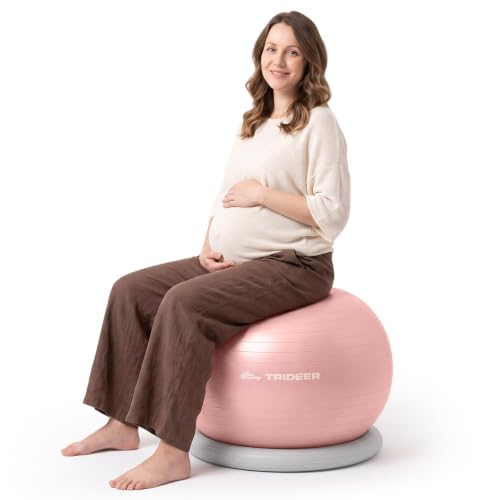 Trideer Yoga Ball Chair with Base for Office Desk, Exercise & Stability Ball Seat, Pilates Ball for Core Training, Pregnancy Ball, Back Pain Relief & Active Sitting - color: Pink, size: L(23-26inches/58-65cm)