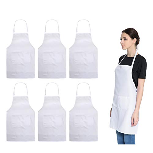 Total 6PCS White Apron for Women Adult Unisex Plain Color Bib aprons with 2 Front Pockets Washable Chef Aprons for Cooking Baking Kitchen Restaurant Crafting - color: White