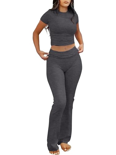 ANRABESS 2 Piece Lounge sets for Women | Crop Top & Foldover Flare Leggings, Yoga Workout Matching Sets, Comfy Stretchy, Trendy Y2k Clothes, Summer Wear Fall Layer - color: Dark Gray, size: Large