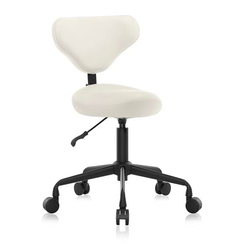 Ergonomic Rolling Stool with Backrest, Adjustable Swivel Chair, Vanilla - color: Vanilla, size: Standard with Backrest