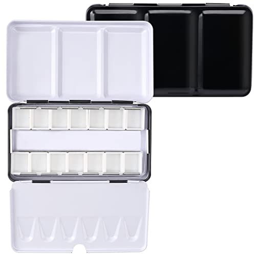 Metal Watercolor Tin with Fold-Out Palette, Small Tray Palette with 14 Empty Half Pans for Plein Air, Acrylic and Oil Painting - color: Black, size: 14 Empty Half Pans