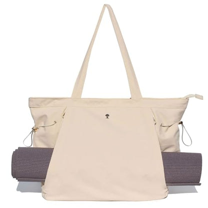 ESVAN Yoga Tote Bag for Women Shoulder Bags Drawstring for Office Workout Travel Carryall Pilates Gym and Beach - color: Beige
