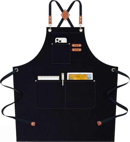 AFUN Chef Aprons for Women Men with Oversized Pockets, 12-Ounce Cotton Canvas Cross Back Water Repellent Apron (Black) - color: Black