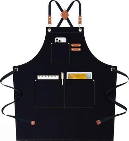 AFUN Chef Aprons for Women Men with Oversized Pockets, 12-Ounce Cotton Canvas Cross Back Water Repellent Apron (Black) - color: Black