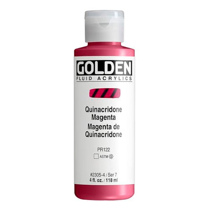 GOLDEN Fluid Acrylics, Quinacridone Magenta, 4 fl. oz. Bottle | Artist grade acrylic paint with rich pigment load and a flowing constency useful for even coverage and fine details.