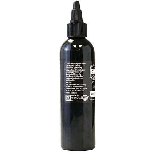 Element Tattoo Supply Black Tattoo Ink 4oz Bottle | Professional Black Ink | USA made formula, smooth reliable flow, deep bold saturation, ideal for lining and shading, trusted by professional artists - size: 4oz