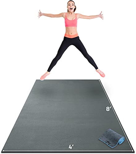 Gorilla Mats Large Exercise Mat – 6'x4', 7'x4', 7'x5', 8'x4', 10'x4' (1/4" Thick) – Ultra Durable Workout Mat for Home Gym Flooring – Non-Slip, Flat Fitness, Yoga & Weight Lifting Floor Mat - color: Silverback Gray Mat with Gray Towel, 2 Storage Straps an