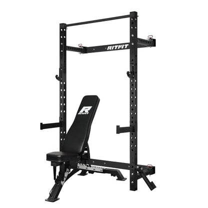 RitFit 2.36'' x 2.36'' Folding Squat Rack for Home Gym, Wall Mounted Squat Rack with Attachments - Space Saving Squat Power Rack - color: Black, style: Folding Squat Rack with Bench