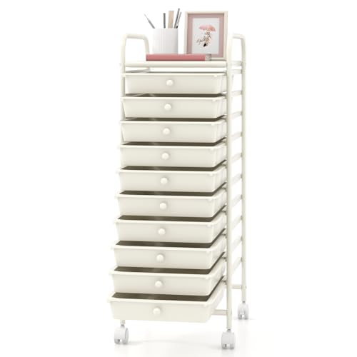 GOFLAME 10-Drawer Rolling Storage Drawer Cart, Utility Cart with Removable Drawers & Metal Frame, Mobile Art Craft Drawer Cart with Lockable Wheels for Home, Office, Studio, School, White - color: White, size: 10-Drawer without Wood Top