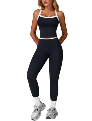 QBGJTD Womens Workout Sets Two Piece Cross Back Tank Top Matching High Waist Leggings Sets Gym Outfits Work Out Clothes - color: Colorblock Black, size: Small