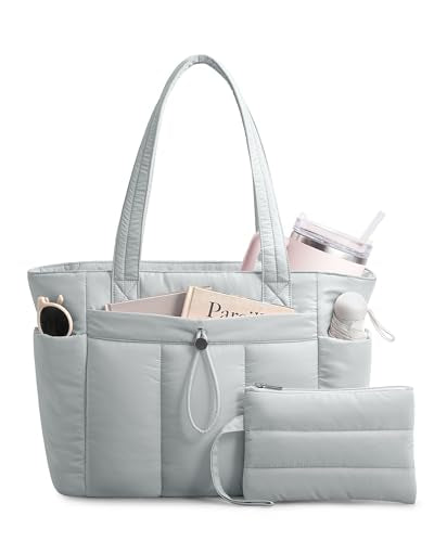 TOPDesign Puffy Tote Bag for Women with Cup Holder & Laptop Compartment & Cosmetic Bag & Trolley Sleeve for Work, Travel - color: Light Grey, size: Large
