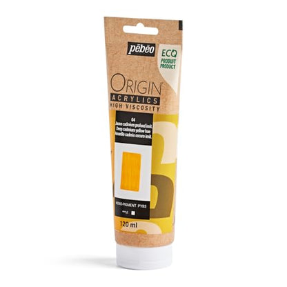 PEBEO Origin Acrylics 120ml Matte Acrylic Paint, Deep Cadmium Yellow Hue | Deep golden yellow — dense matte acrylic, 100% recycled binder, intense lightfast color, made in France, FSC paper eco-tube - color: Deep Cadmium Yellow Hue