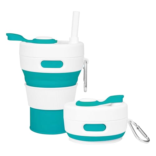 Silicone Collapsible Travel Mug Green 15oz / 450ml - Leak-Proof Reusable Silicone Water Bottle for Hot and Cold Beverages - Travel Office and Home - Dishwasher Safe - Straw Included - color: Green