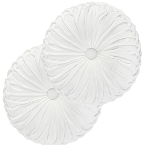 HIG Set of 2 Off White Velvet Decorative Round Pleated Throw Pillows - color: Off White
