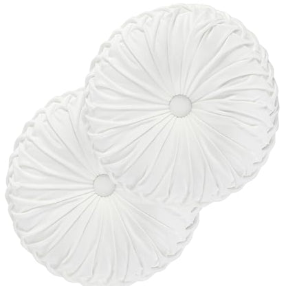 HIG Set of 2 Off White Velvet Decorative Round Pleated Throw Pillows - color: Off White