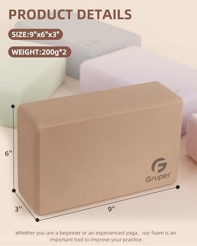 Gruper Yoga Blocks 2 Pack, 9"x6"x3" Exercise Blocks High-Density EVA Foam Blocks with Soft Non-Slip Surface, Lightweight Yoga Props for Yoga Pilates Meditation & Stretching - color: Brown