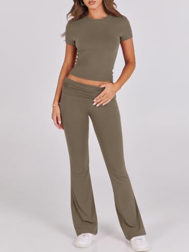 ANRABESS 2 Piece Lounge sets for Women | Crop Top & Foldover Flare Leggings, Yoga Workout Matching Sets, Comfy Stretchy, Trendy Y2k Clothes, Summer Wear Fall Layer - color: Coffee Grey, size: Large