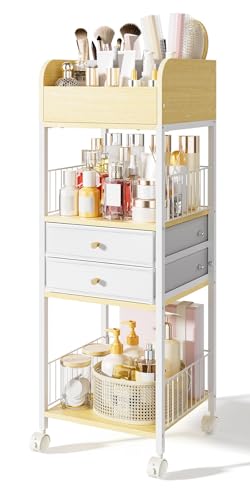 4-Tier Rolling Cart with Drawers, Mobile Storage Organizer | Steel Frame & Wood Shelves, Smooth-Rolling Lockable Casters, Easy Assembly, Organizes Makeup, Skincare & Household Essentials