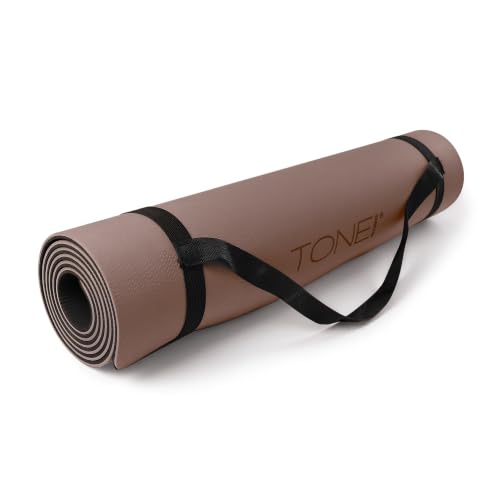 TONE Fitness Yoga Mat 1/4" Thick Non Slip Exercise & Pilates Mat for Home Workouts with Carrying Strap | Multiple Options - color: Black/Mocha, style: V Pattern
