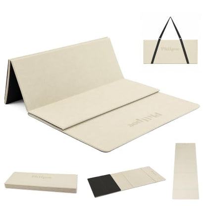 Foldable Yoga Mat, 70''x24''x0.24''(6mm）Non-slip POE Exercise Mat - color: Beige