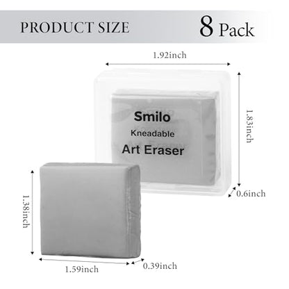 Smilo Kneaded Erasers for Artists, Gray Moldable Putty, 8-Pack | Reusable, Dust-Free and No Smudge, Art Erasers with Storage Case for Charcoal, Graphite, Pencil and Pastel Drawing - color: Gray