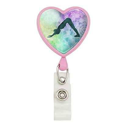 Downward-Facing Dog Yoga Pose Heart Lanyard Retractable Reel Badge ID Card - color: Pink