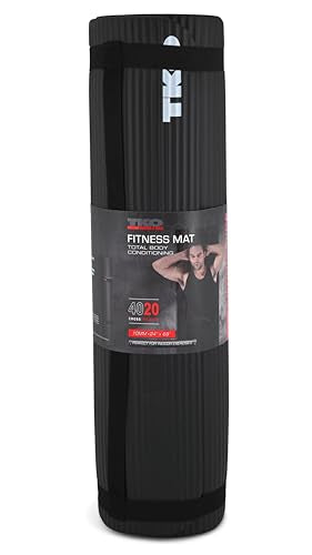 TKO Extra Thick Exercise Yoga Mat with Carrying Strap | Premium High-Density Padding for Joint Support during Yoga, Pilates & Floor Workouts | Durable and Portable - Black