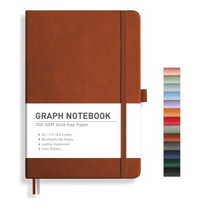 RETTACY Graph Grid Paper Notebook, 192 Pages, A5 Size (5.7'' x 8.3'') | 5 Squares per Inch, Leather Hardcover, 100 GSM Thick Paper, for School, Students, Math, Engineering (Brown) - color: Brown, style: Grid