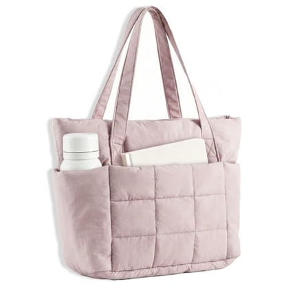 U+U Puffer Tote Bag for Women, Quilted Work Tote with Compartments | Work-to-Travel Design with Yoga Mat Strap - color: Dusty Pink