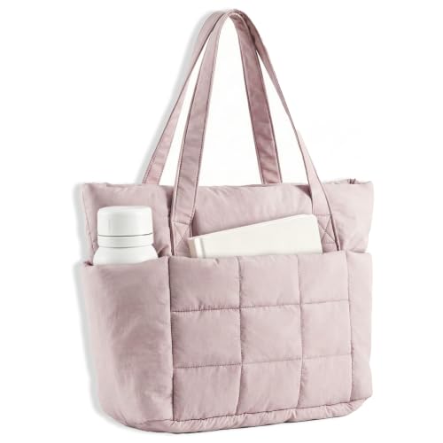 U+U Puffer Tote Bag for Women, Quilted Work Tote with Compartments | Work-to-Travel Design with Yoga Mat Strap - color: Dusty Pink