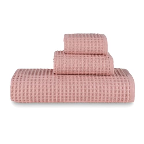 sea me at home Waffle Bath Sheet Set, 100% Turkish Cotton, Includes 1 Bath Sheet, 1 Hand Towel, 2 Face Towels - color: Powder Pink, size: Bath Sheet Set (4 Pieces)