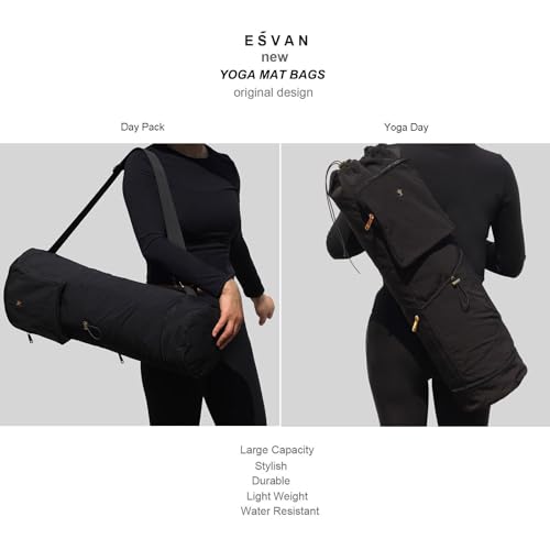 ESVAN Yoga Mat Bag with Multi Pockets Drawstring Yoga Mat Carrier Pilates Exercise Multi-Functional Storage Bag - color: Nylon Black