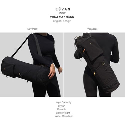 ESVAN Yoga Mat Bag with Multi Pockets Drawstring Yoga Mat Carrier Pilates Exercise Multi-Functional Storage Bag - color: Nylon Black