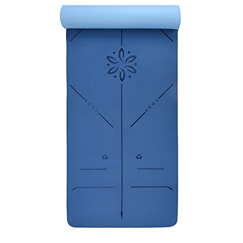 YOGATI® 정렬 라인이 있는 스트랩이 달린 요가 매트. 여성, 남성 및 아동용 홈 운동 매트. 필라테스와 피트니스를 위한 두꺼운 미끄럼 방지 요가 매트. 브라운, 핑크 및 퍼플 요가 매트 - color: 블루.