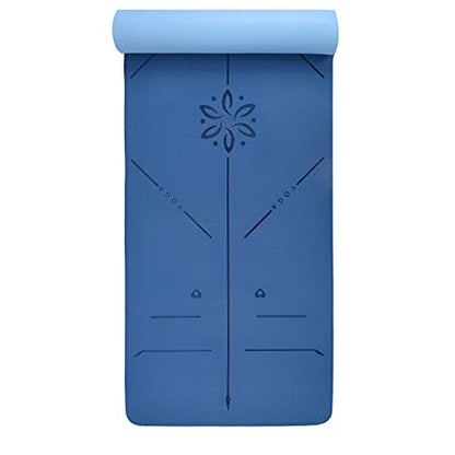 YOGATI® 정렬 라인이 있는 스트랩이 달린 요가 매트. 여성, 남성 및 아동용 홈 운동 매트. 필라테스와 피트니스를 위한 두꺼운 미끄럼 방지 요가 매트. 브라운, 핑크 및 퍼플 요가 매트 - color: 블루.
