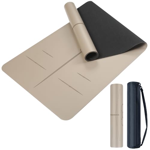 Natural Rubber Yoga Mat - Non Slip Non Toxic - 5mm Thick Yoga Mat for Hot Yoga/Pilates - Extra Large 26.8’’ with Alignment Guide - Sweat Proof - with Carrying Bag - color: Latte Grey