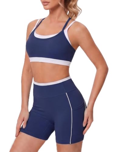 Double Layer Workout Sets for Women Cute Matching Gym Yoga Pilates Outfit | 2 Piece Trendy Active Athleisure Set, Spaghetti Straps Double Layered Sports Bra High Waisted Athletic Short for Yoga Pilates - color: Dark Blue, size: Medium