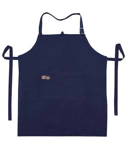 100% Cotton washed Apron with Pocket and Adjustable Neck with Long Ties Apron 25" X 31" for Women Men Chef Cooking, Baking, Gardening, Navy blue