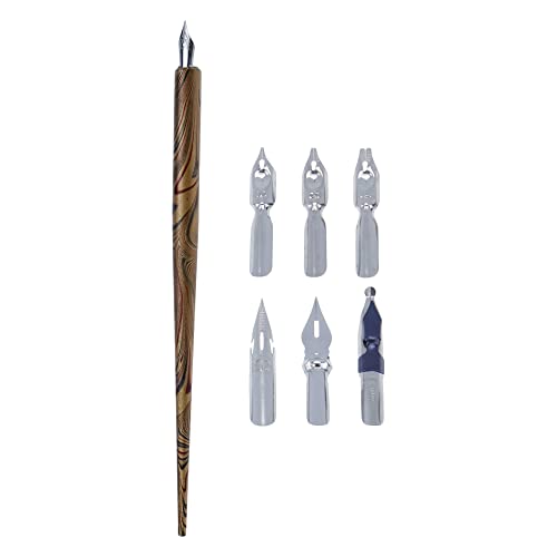 Wooden Dip Pen Set for Calligraphy Writing Painting, Dark Gold | Drawing Dip Pen, with 7 Nibs