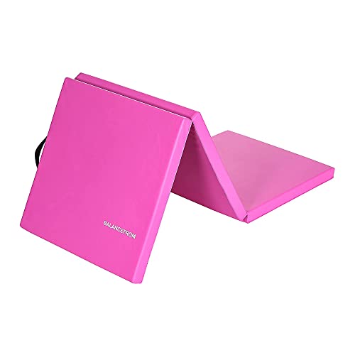 BalanceFrom 6x2 Feet 3-Panel Folding Gymnastics Mat – 2-Inch Thick Pad with Vinyl Surface and Carrying Handles for Tumbling, Yoga, Pilates, Home Workouts, and Martial Arts - color: Pink