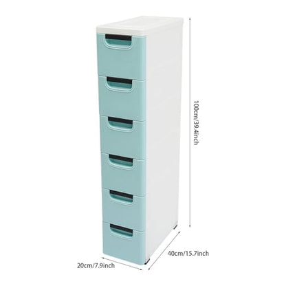 6 Drawers Plastic Storage Cabinet, Mobile Slim Utility Cart on Wheels, for Narrow Space Office Classroom Bedroom Bathroom (Blue) - color: Blue