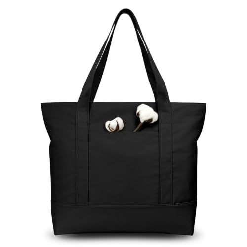 TOPDesign 1-Pack Canvas Tote Bag with an External Pocket, Reusable Grocery Shopping Bag, Top Zipper Closure, Daily Essentials (Black) - color: Black