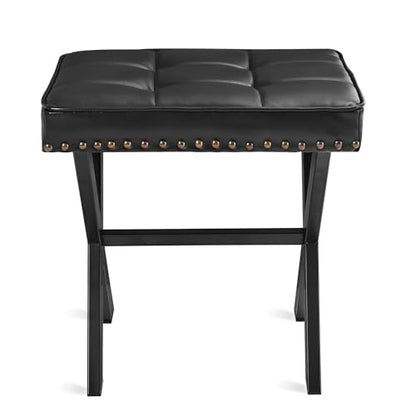 LUE BONA Vanity Stool - Square Faux Leather Makeup Seat With Metal X Legs, Small Ottoman Chair for Makeup Room, Living Room - Modern Padded Foot Rest, Black - color: Black
