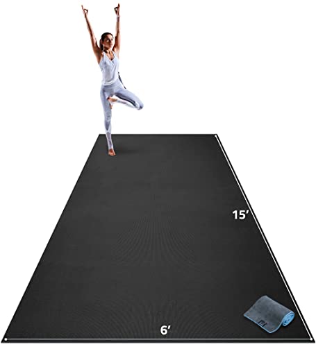 Gorilla Mats Extra Large Yoga Mat – 9'x6', 12'x6', 15'x6' (8mm) Extra Thick Wide Non-Slip Exercise Mat for Home Gym Flooring – Ultra Comfortable Workout Floor Mat for Barefoot Fitness & Stretching - color: Onyx Black Mat with Gray Towel, 2 Storage Straps