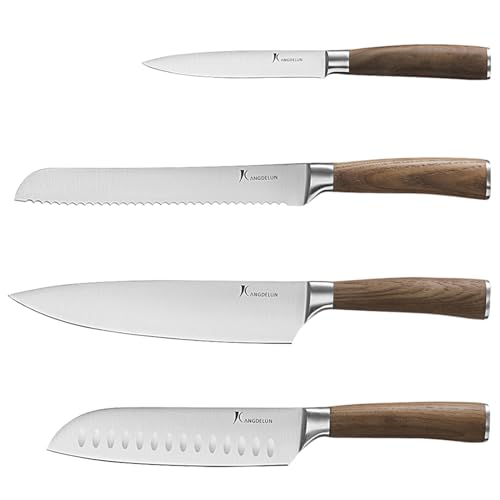 kangdelun Ultra Sharp 4-Piece Chef Knife Set, 50Cr15MoV High-Carbon Stainless Steel, Torrefied Brown Ash Wood Handles, Magnetic Gift Box